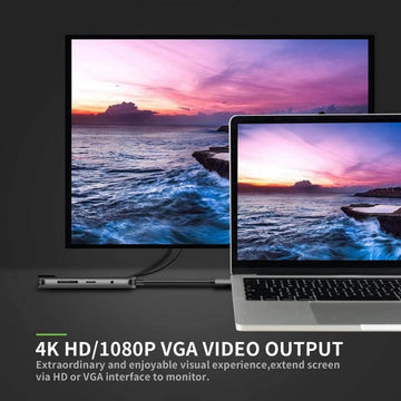 TOOSIN 10-in-1 USB C Hub Type C Hub Adapter with 4K HDMI VGA Ethernet Port 2x USB 3.0 1x USB 2.0 100W PD Charging SD/TF Card Reader 3.5mm Audio Jack - Imported from UK